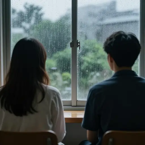 他们坐着聆听雨滴打在窗户上的轻柔溅水声。