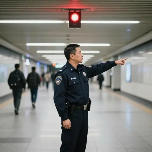 当火警尖啸、乘客们尖叫着抱起孩子时，那位冷静沉着的保安不慌不忙地指引每个家庭走向最近的出口。