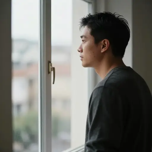 他凝视着窗外。