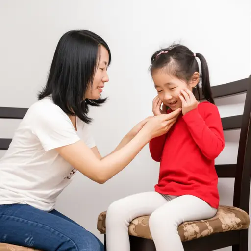 母亲温柔地抚摸着小女儿的脸颊。