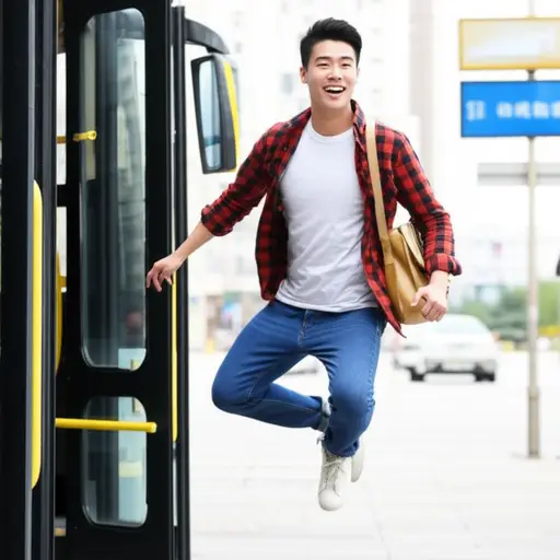 我跳上公交车，刚好赶上。