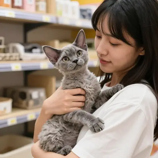 她决定买一只康沃尔雷克斯品种的小公猫。