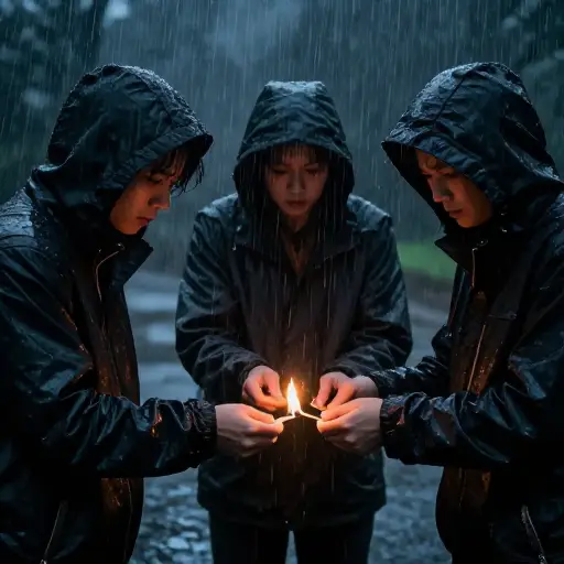 在暴风雨中，他们试图划根火柴，但这是徒劳的。
