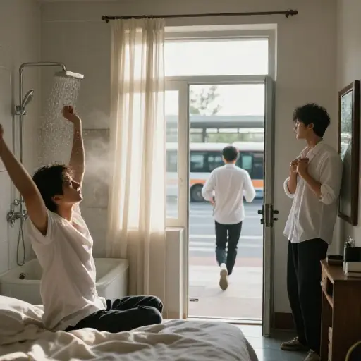 我起床、淋浴、穿衣，然后跑出门去赶公交车。