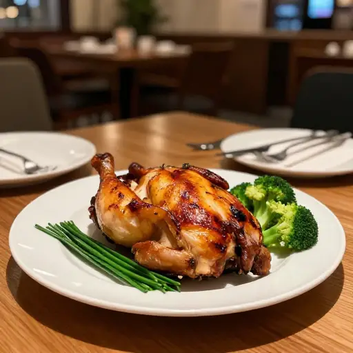 晚餐我吃了烤鸡肉配韭菜和西兰花。