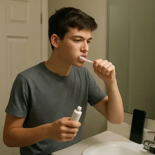 他每天刷两次牙以预防蛀牙。