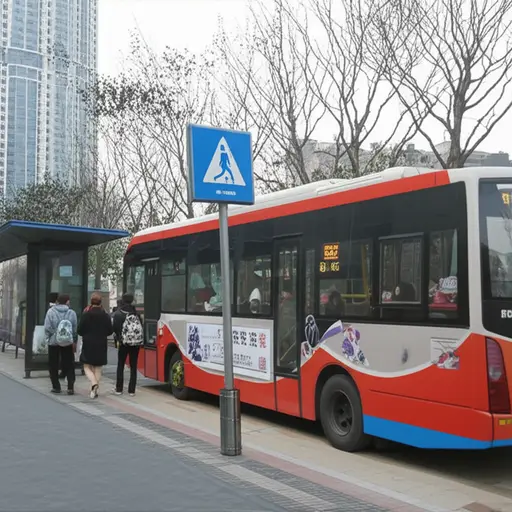 公交车站在街角。