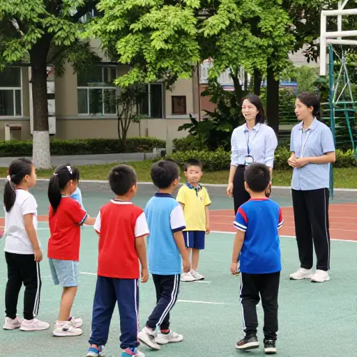 孩子们玩耍时，两名老师在监督。