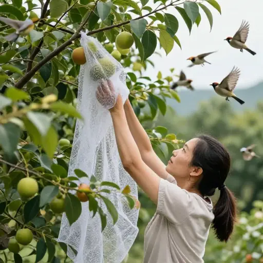 她用网盖住水果以防鸟类啄食。