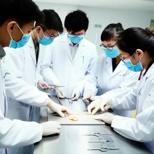 医学院学生在实验室里练习解剖技术。