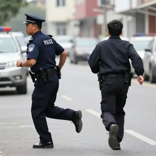 警察正在街上追赶嫌疑人。