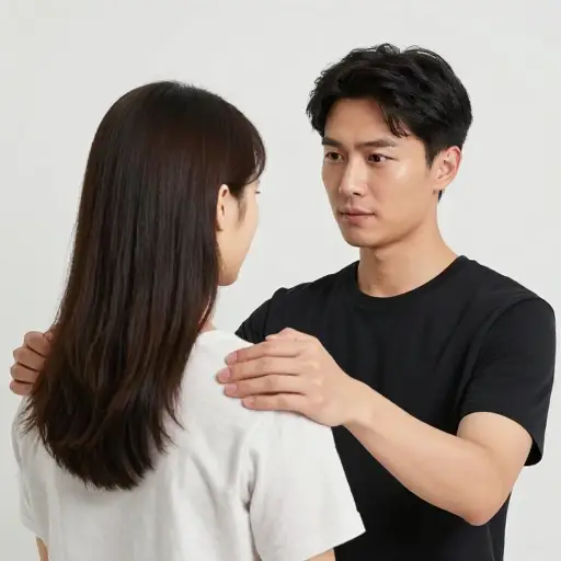 他抓住她的肩膀，把她转过来面对他。