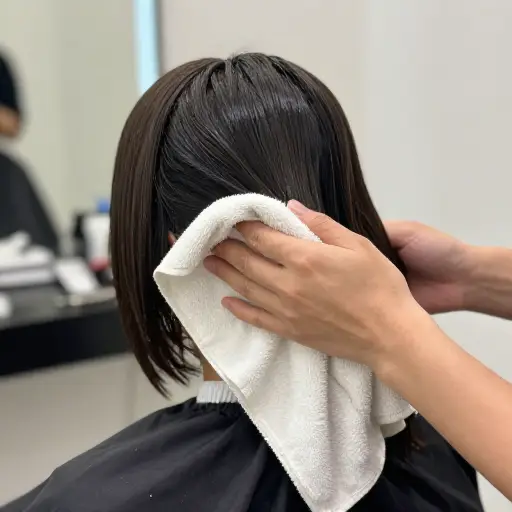 发型师轻轻地用毛巾擦干了我的头发。