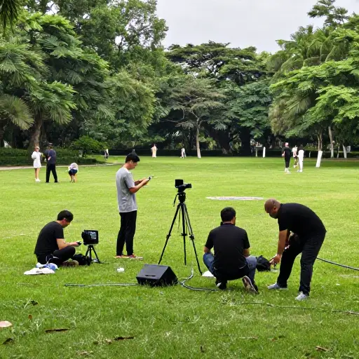 一个电影摄制组正在公园里搭建设备。