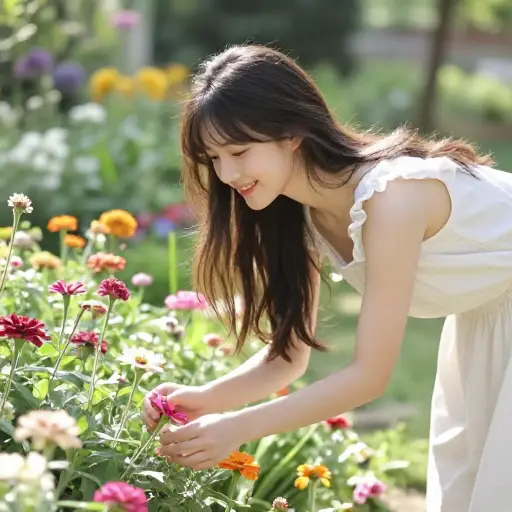 那位年轻的少女在花园里采摘花朵。