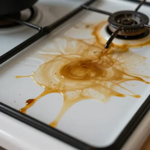 做完饭后，灶台上留下了一层黏腻的油污。