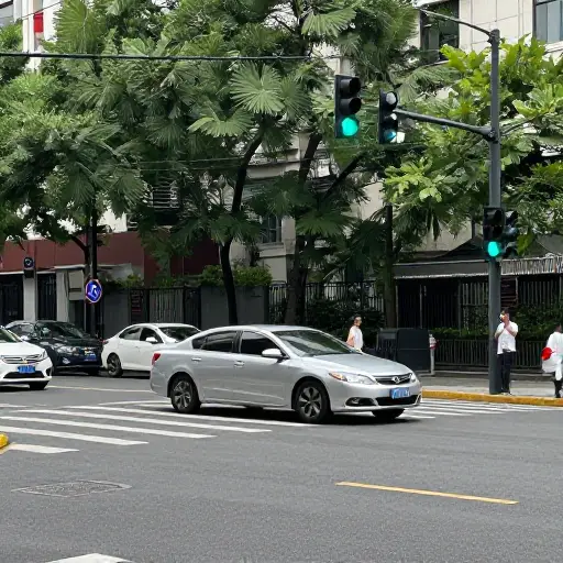 绿灯亮起时，汽车飞速穿过十字路口。
