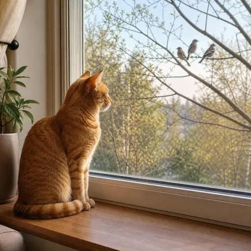 那只猫正坐在窗台上，看着鸟儿。