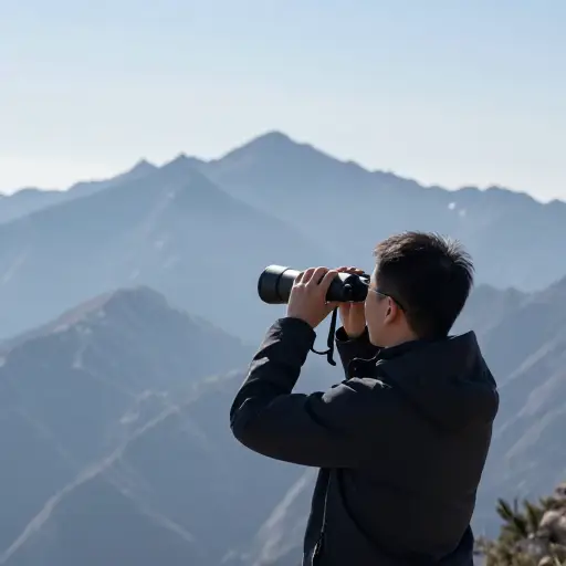 他举着望远镜看远处的山峰。