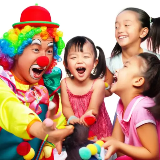 孩子们看到小丑的滑稽表演都大笑起来。