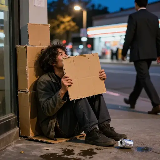 那个乞丐在街角举着牌子向路人乞讨食物。
