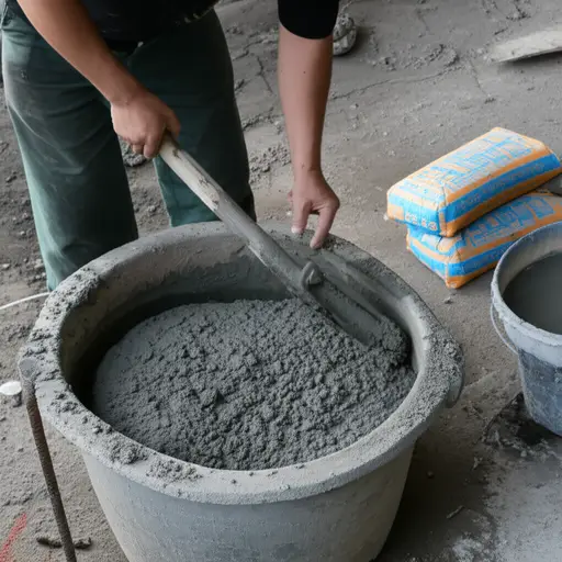 建筑工人用水和水泥搅拌成浆。