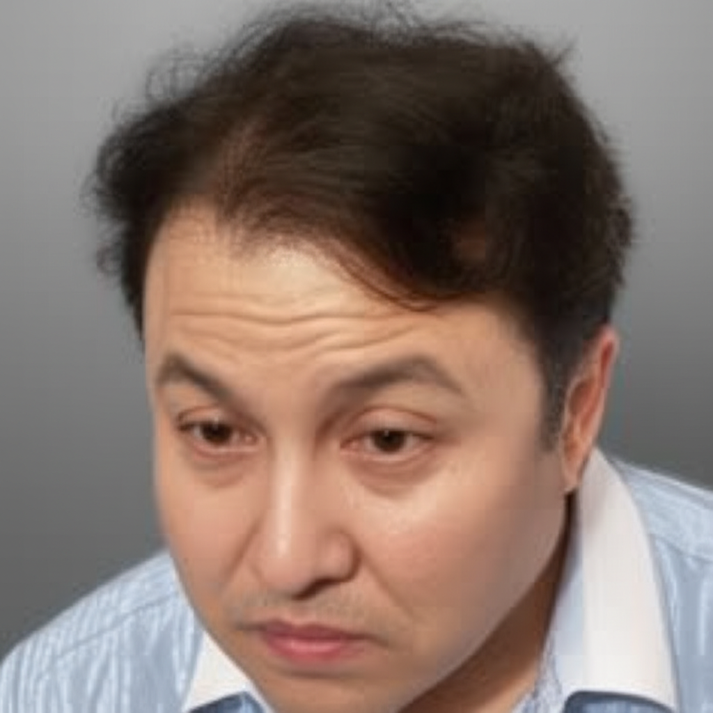 他的头发有点稀疏。