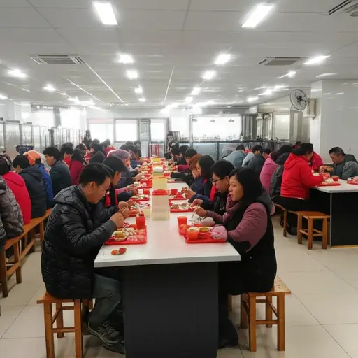 我们经常在工厂的食堂吃午饭。