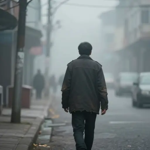 在浓雾中，他看到一个男人的衣服已经破旧了。