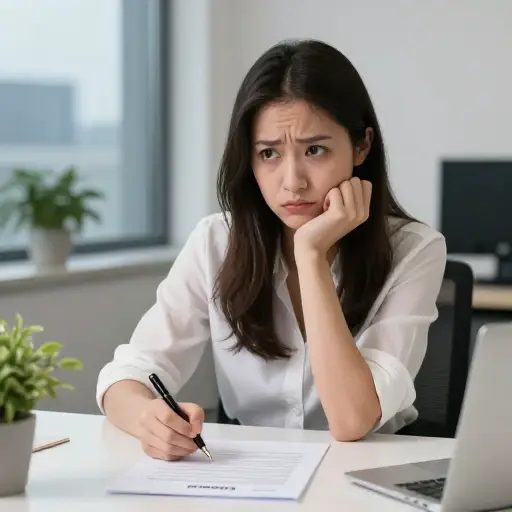 她对是否接受这份工作感到矛盾，既渴望挑战又担心压力。