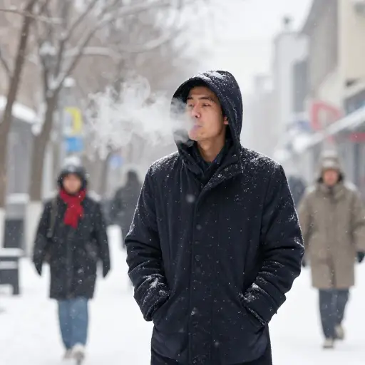 天气很冷，他穿上了厚实的呢大衣。