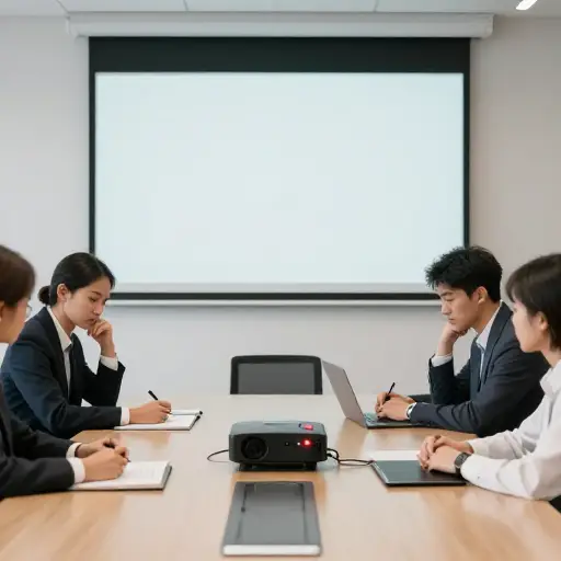 会议室里的投影仪坏了，我们不得不推迟演示。