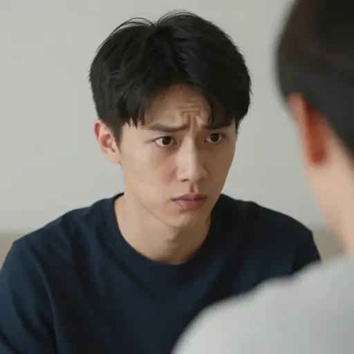 他看到我时，尴尬地垂下眼睛。