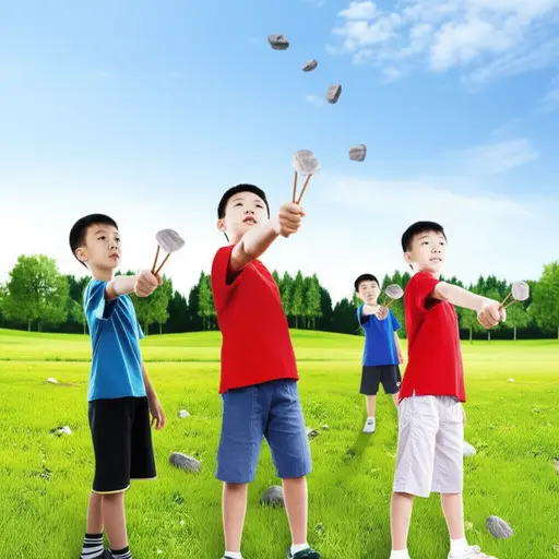 孩子们用投石器比赛谁扔石头更远。
