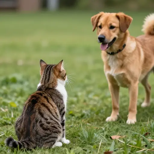 猫看到狗时拱起了背。