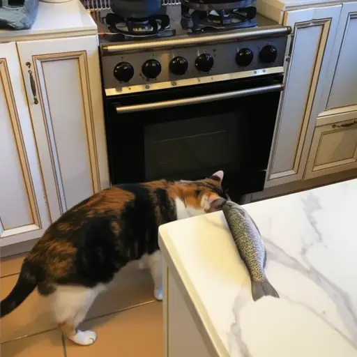猫悄悄溜进了厨房偷吃。