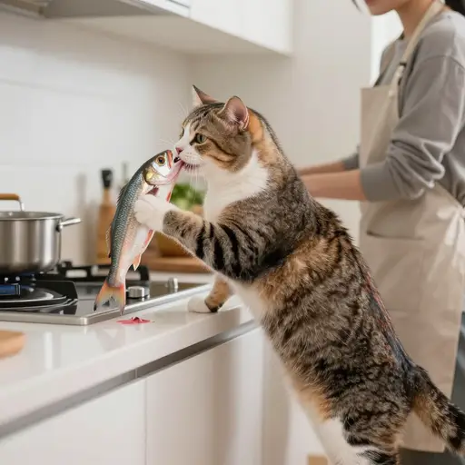 那只狡猾的猫设法从厨房操作台偷走了一条鱼。