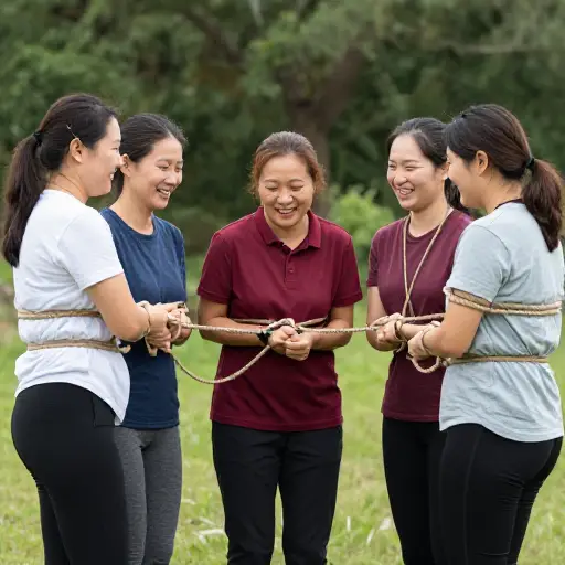 在团队建设活动中，我们必须用绳子把自己绑在一起。