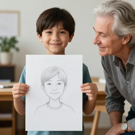 那个孩子自豪地把他的铅笔素描拿给老师看。