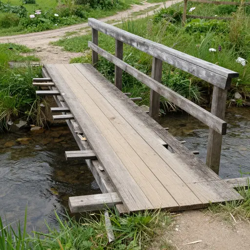 一座破败的木桥横跨小溪，桥板腐朽、栏杆断裂。