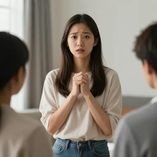 她说话时，她的紧张显而易见。