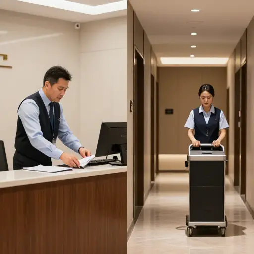 他在办公楼当管理员，而他妻子在酒店当清洁工。