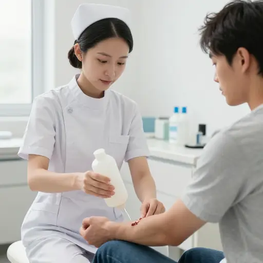 护士用生理盐水冲洗病人的伤口。