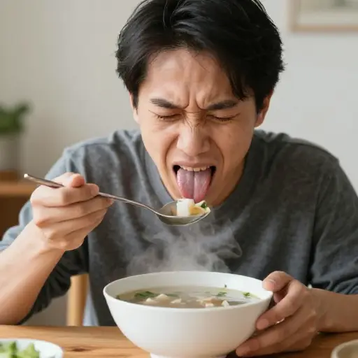 昨晚我喝汤时烫到了舌头。