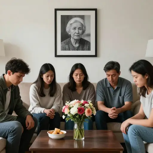 家人哀悼祖母的突然去世。