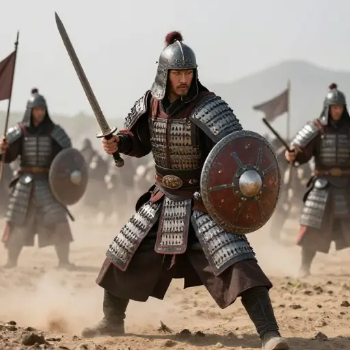 在古代战斗中，战士依靠剑和盾牌进行攻防。