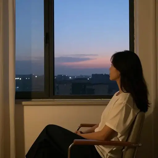 她坐在窗边，看着天色渐暗。