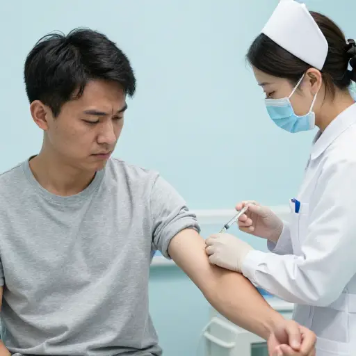 护士把针扎进了他的胳膊。