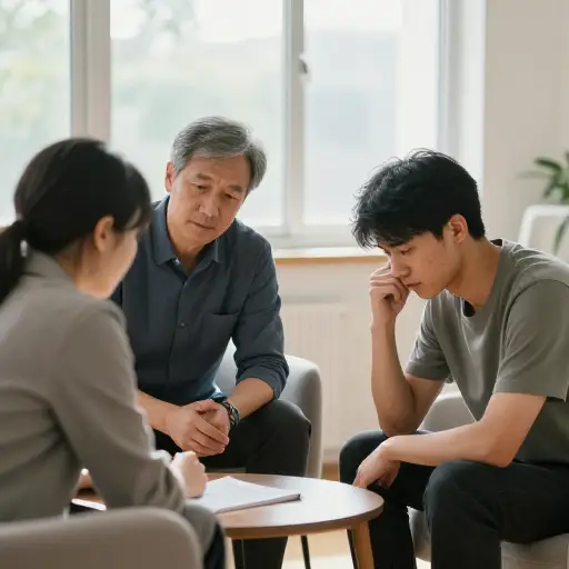 咨询师鼓励他敞开心扉，谈谈他背负多年的创伤经历。