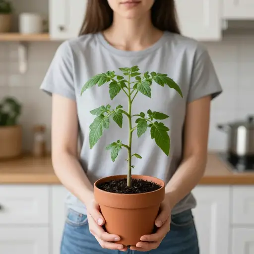 她为厨房买了一棵番茄植物。